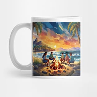 Vibrant Group of Friends sitting at Campfire in Sunset Mug